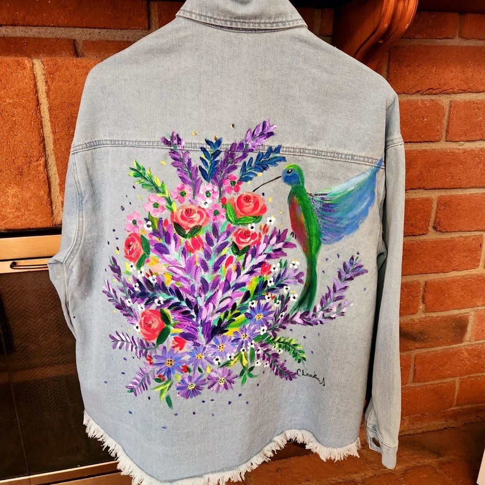Hand-Painted, Hummingbird Jean Jacket